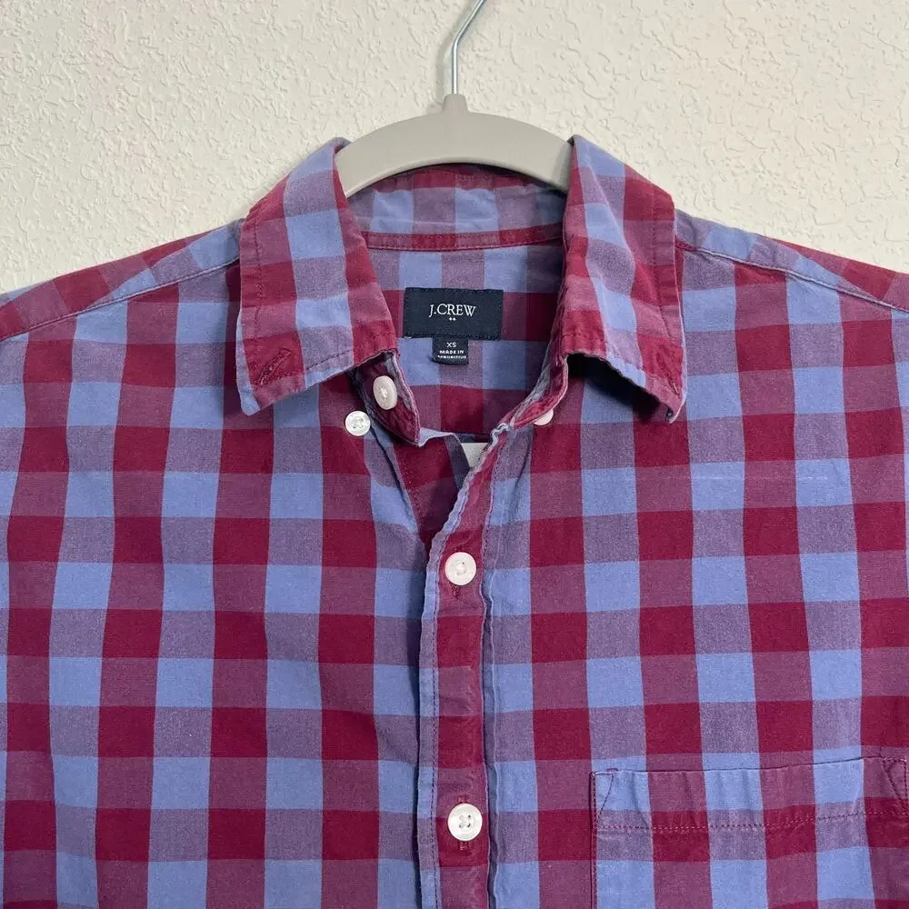 J CREW 100% Cotton Blue Burgundy Gingham Button Down Long Sleeve Shirt Men XS